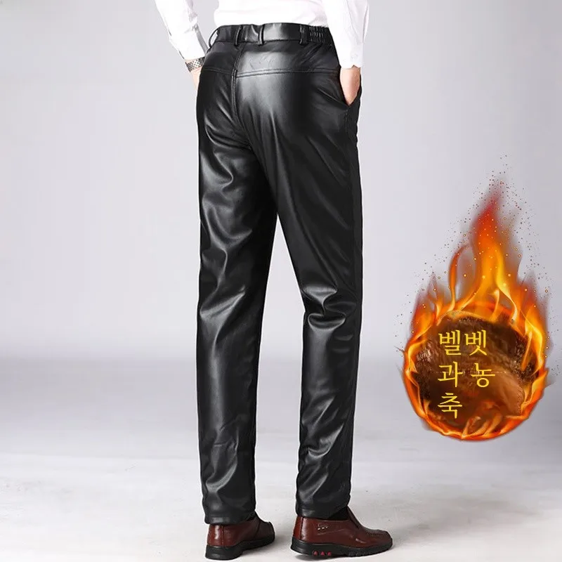 Nanjiren Кожаные брюки мужские на флисовой подкладке утолщенные зимние свободные
