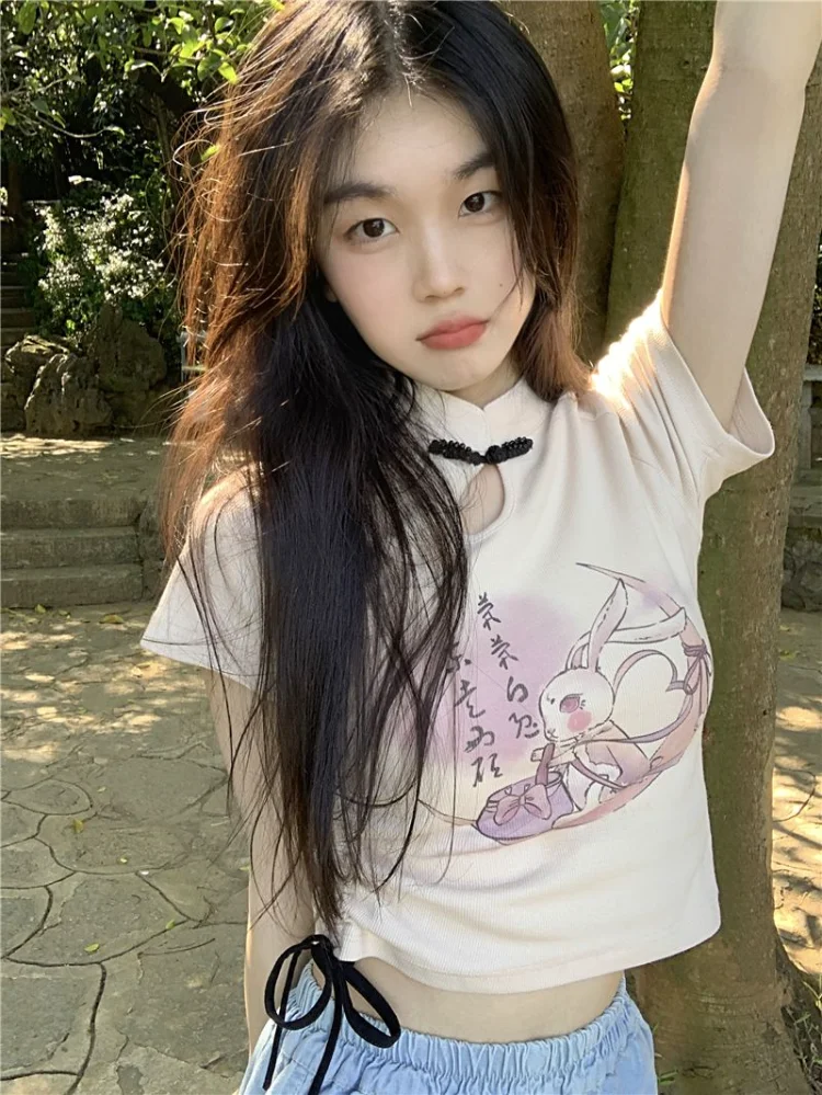 

Korean Chic Sweet Hollow Out Print T-shirts Women Summer New Short Sleeve Ruched Tee Shirt Slim Fit Crop Top Drawstring Tops