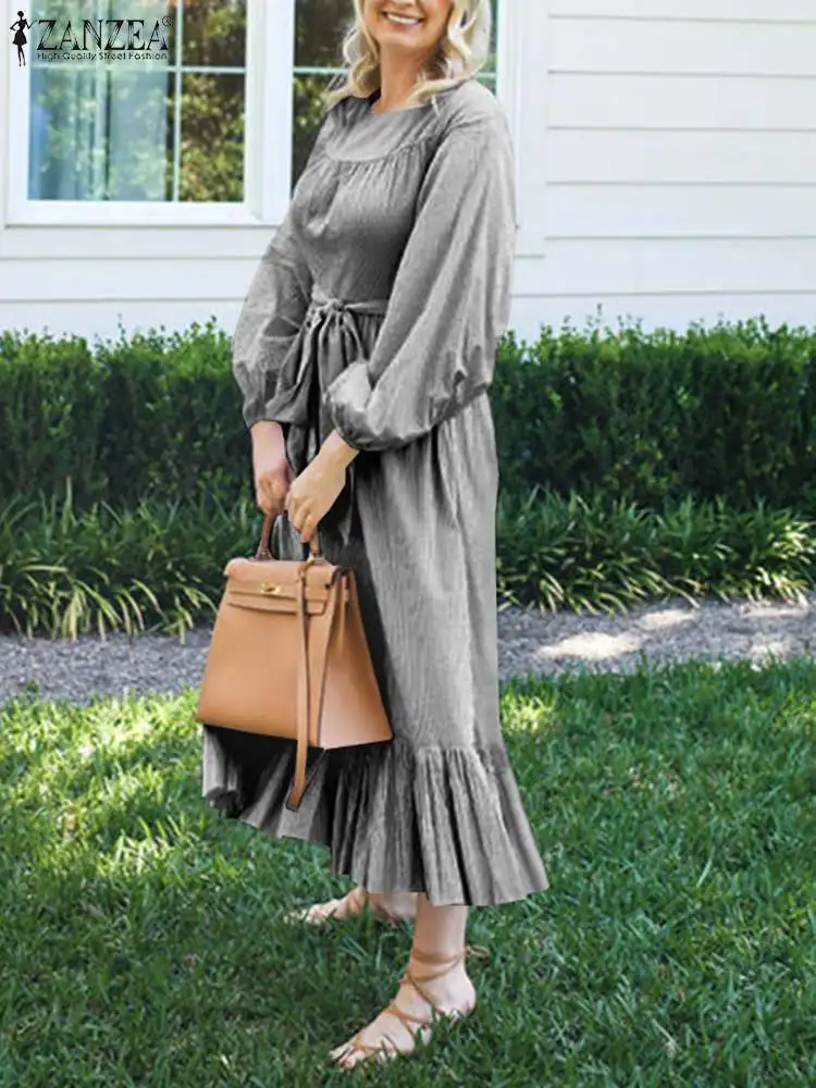 

ZANZEA Women Maxi Long Dress 2022 Elegant Solid O Neck Puff Sleeve Fashion Lace Up Vestidos Oversized Spring Party Sundress Robe