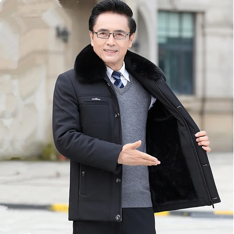 UHYTGF Middle-Aged Elderly Father Winter Cotton Jackets Men's Fur Collar Casual Male Parkas Coats Thicken Warm Short Overcoat144
