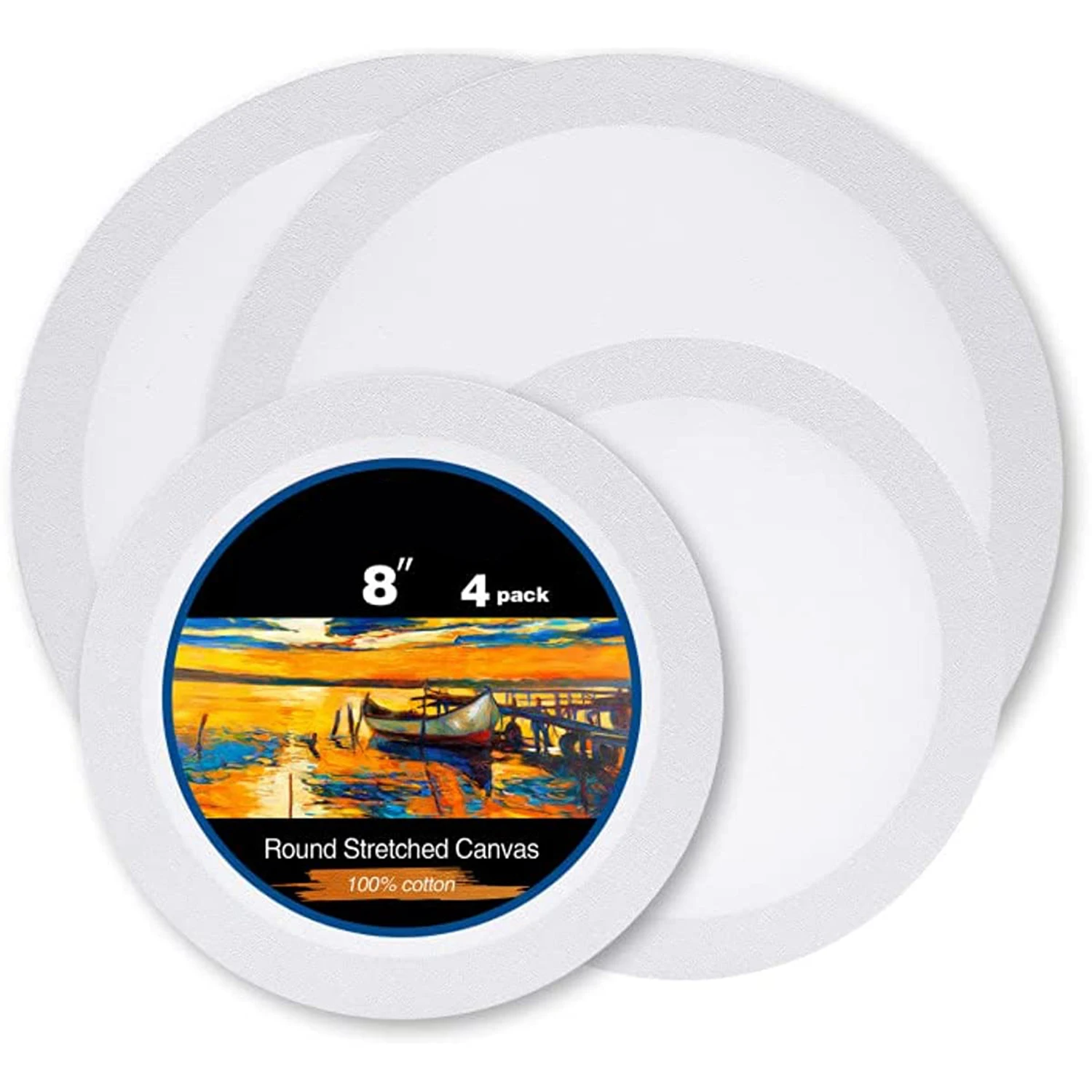 

Stretched Canvas for Painting, 4 Pack Round Canvas Boards, 8 Inch White Blank Canvas, 100% Cotton, Primed, for Art Supplies