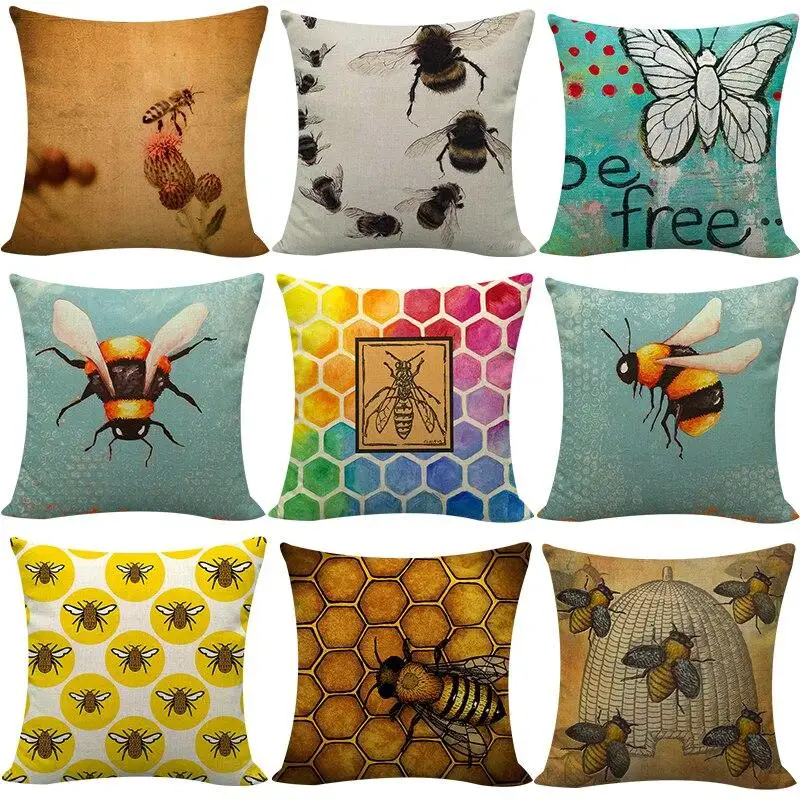 

45x45cm Natural Insect Pattern Design Decorative Pillow Cover Honeycomb Bee Print Back Polyester Cushion Cover
