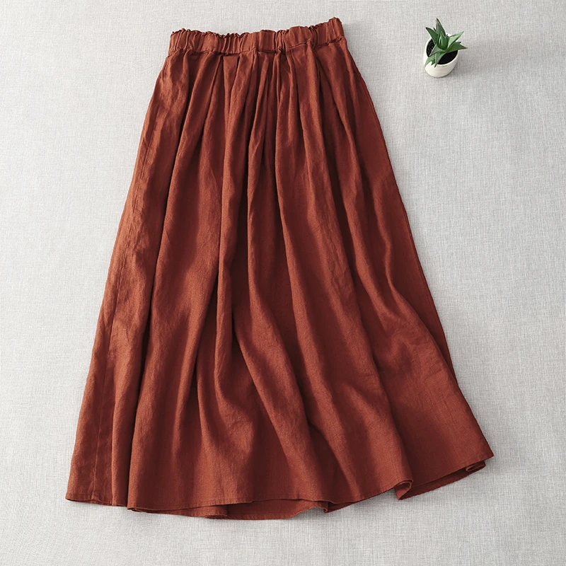 

Limiguyue Elastic Waist Linen Skirt All Match Literary Midi Long Skirt A-Line Big Swing Summer Casual Breathable Clothes U418