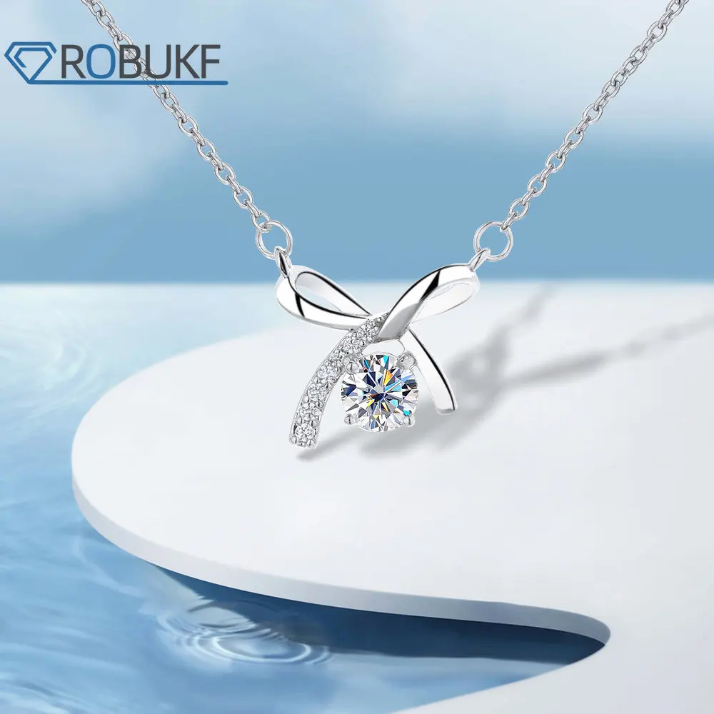 

0.5CT Moissanite Necklace Bowknot Pendant Diamond Necklace For Women D Color 925 Sterling Silver Prong Setting Jewelry ROBUKF