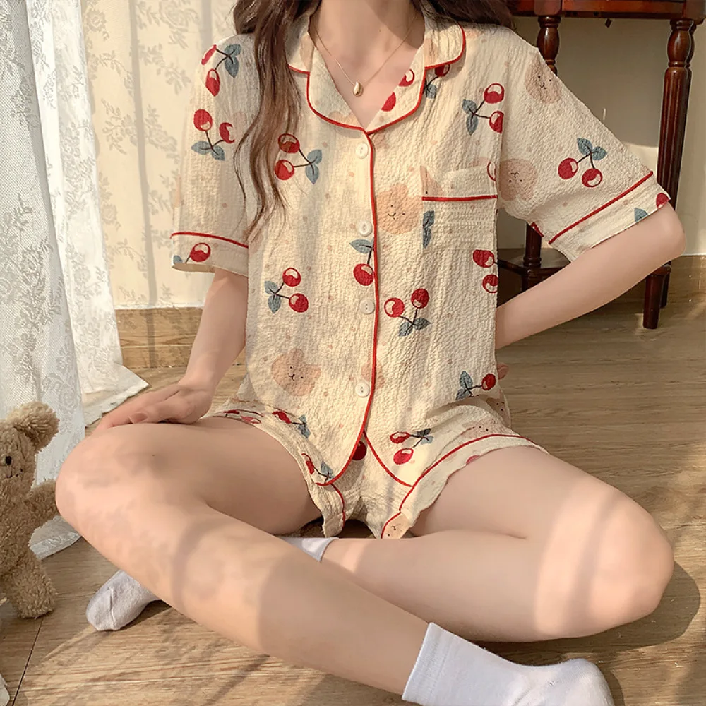 Пижамный комплект женский из 2 предметов пижама с принтом на пуговицах одежда для