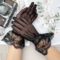 1pair women black gloves gothic lolita thin elegant elastic dress lace mesh sunscreen party cosplay driving fishnet gloves