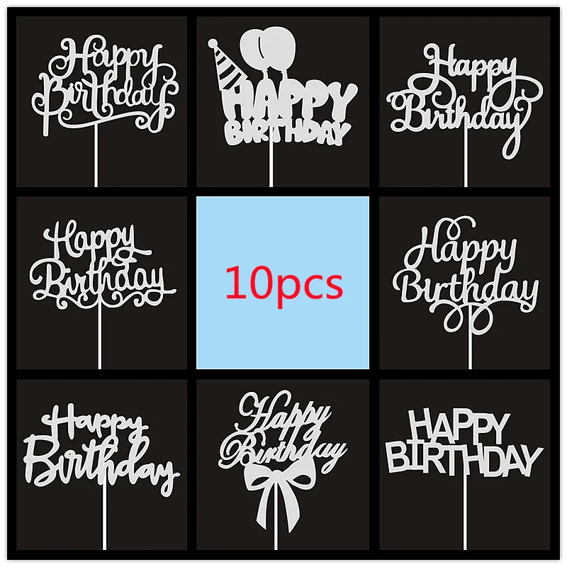 

10 Pcs / Bag Silver English Happy Birthday Cake Toppers Birthday Party Decorations Baking DIY Accessories