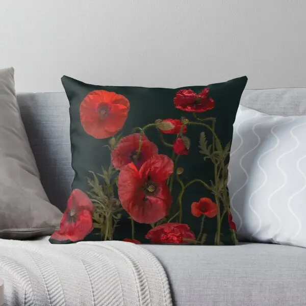 

Red Poppies On Black Printing Throw Pillow Cover Cushion Anime Case Decor Sofa Soft Square Comfort Office Pillows not include