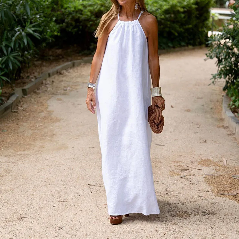 

Women Fashion Sleeveless Neck Hanging Off Shoulder Long Dress Summer Casual Solid Slit Dress Lady Loose Commuter Office Dresses