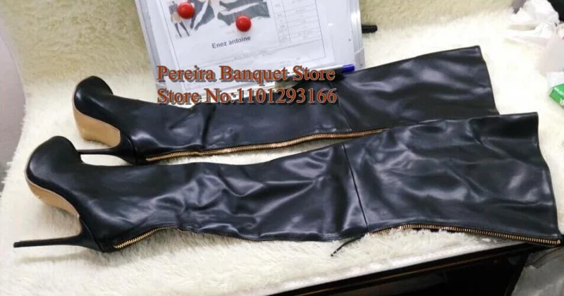 Fashion Black Leather Open Toe Thigh High Boots Back Zipper Stiletto Heels Women Long Boots Size 43 Club Party Shoes