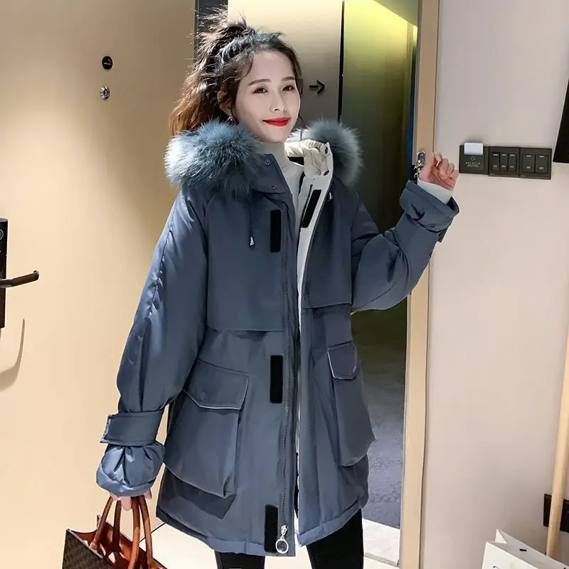 Новинка 2023, женское пуховое пальто из хлопка, зимняя куртка, женские парки с большим меховым воротником, верхняя одежда среднего размера, пальто большого размера