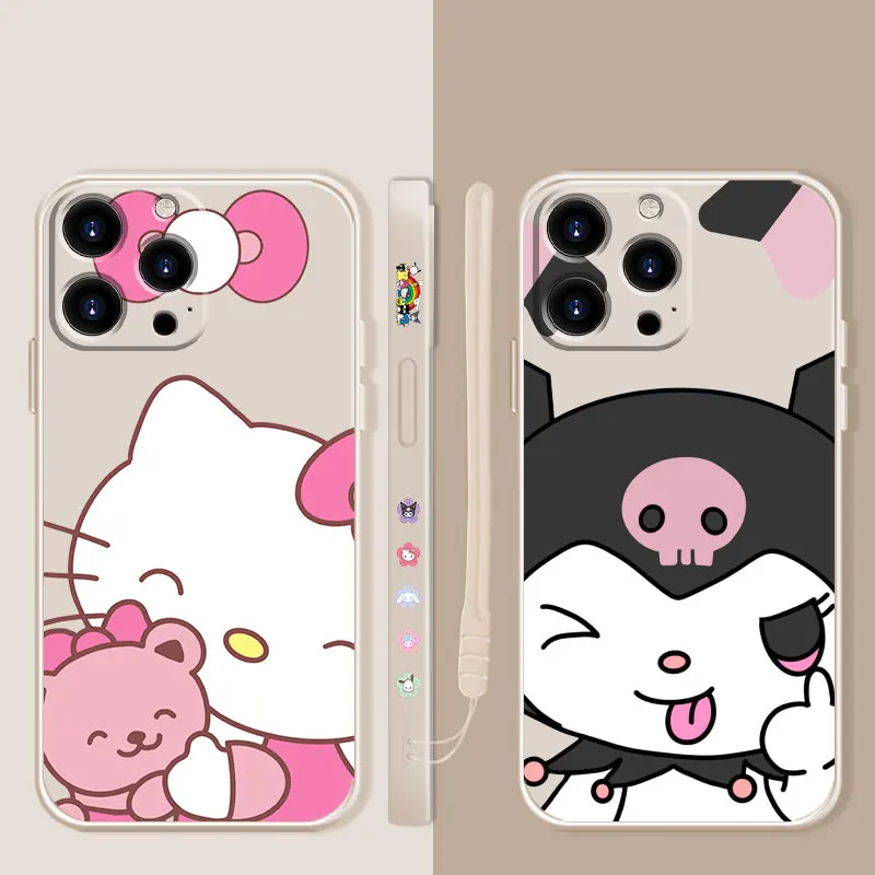 

Square Liquid Candy Case For Apple iPhone 14 13 12 11 Pro Max 13 12 Mini XS XR X 7 8 6 6S Plus Smile Hello Kitty Kuromi Big Head