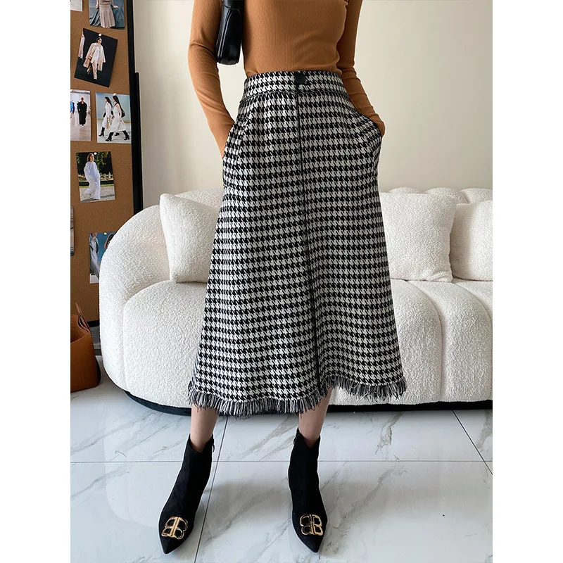 

Tassel Patchwork Plaid Wool Blended Women Long Skirts High Wiast Slim Fit Good Quality Lady Formal Office Skirt Clothing