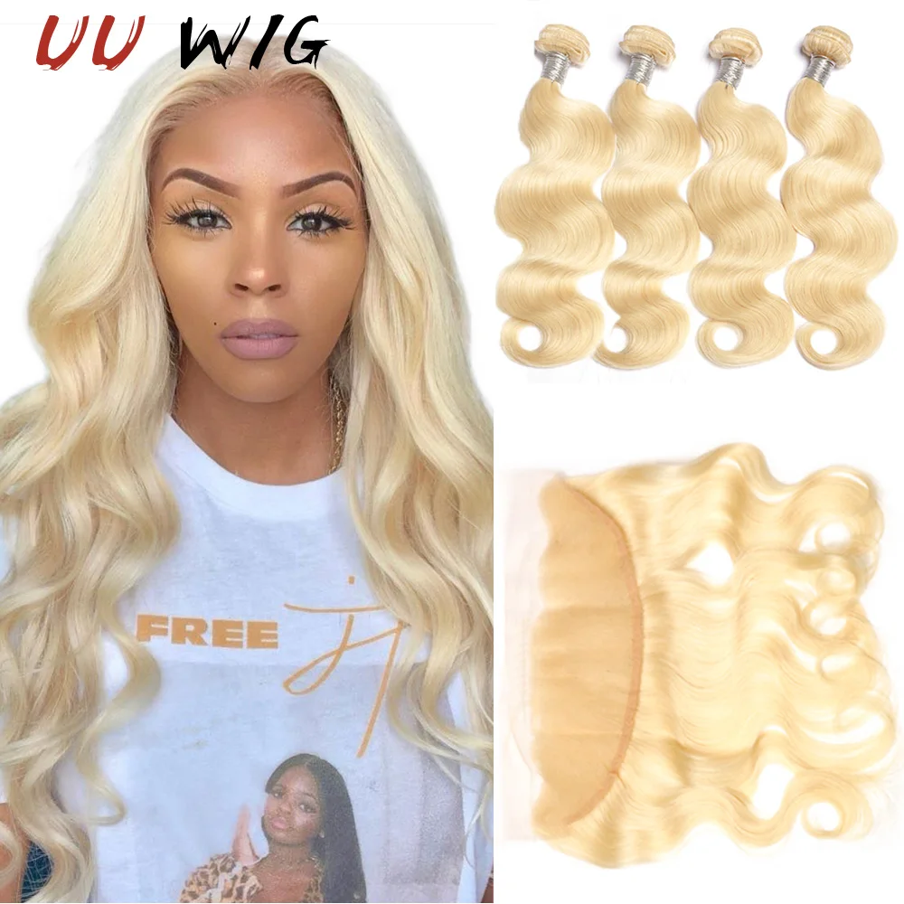 

UU WIG 13A 613 блонд пучки с фронтальной бразильской волной пряди с застежкой блонд HD кружевная застежка пряди Реми