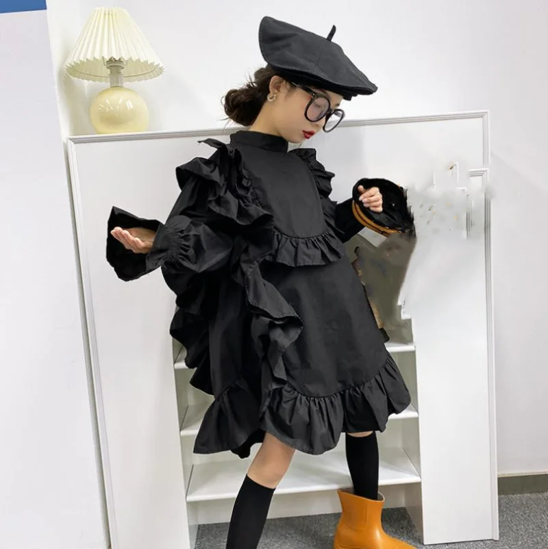 

Kids Shirt Dress 2022 Spring Summer New Ruffles Princess Dress Baby Girls Long Sleeve Asymmetrical Dress 4-16Y Cotton Casual