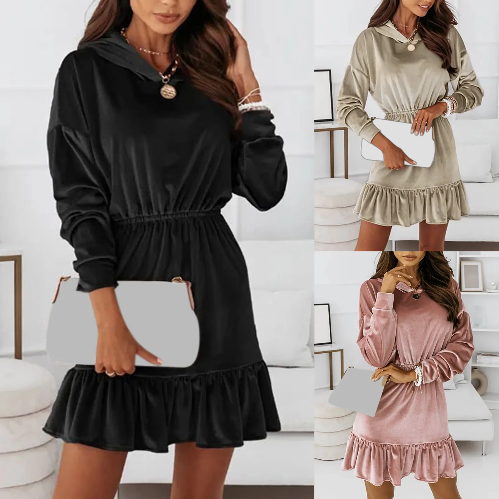 

Повседневные женские брюки, женское платье на осень и зиму, темпераментные модные золотистые бархатные платья миди с капюшоном и завязкой н...