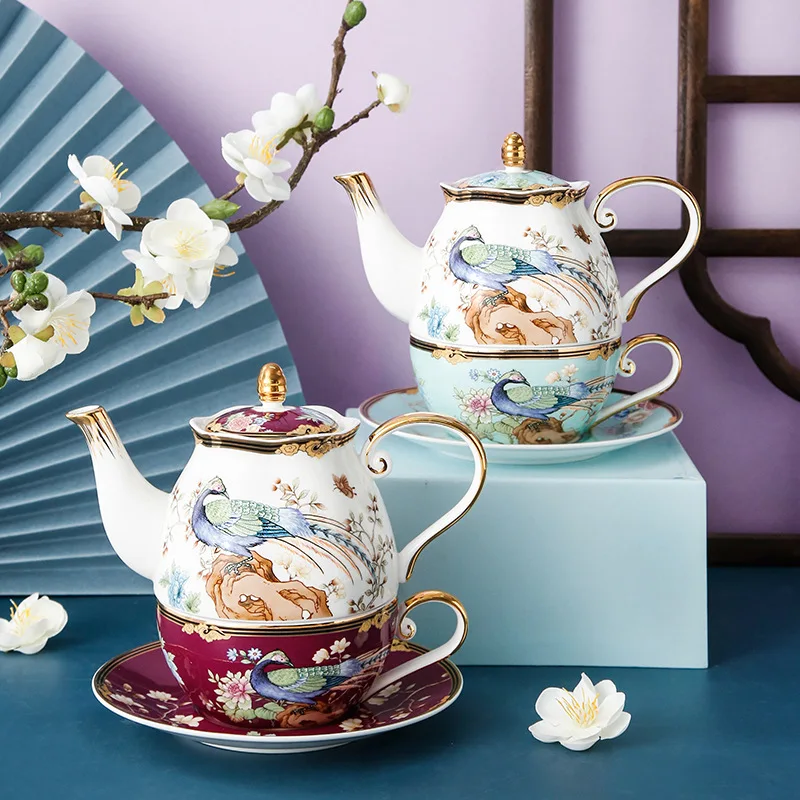 

Британский светильник роскошный керамический чайник для послеобеденного ароматизированного чая с цветком и птицей, одинарная чашка и блюдце, индивидуальный подарочный набор