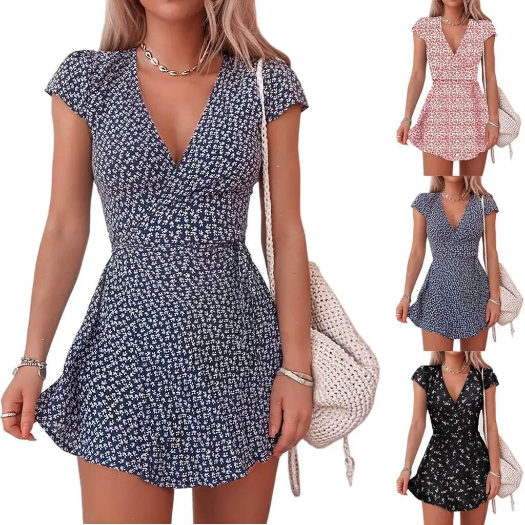 

Traf Woman 2023 Summer New European And American Women'S Fragmented Flower Short Skirt Sexy V-Neck Mini Skirt Short Sleeve Dress
