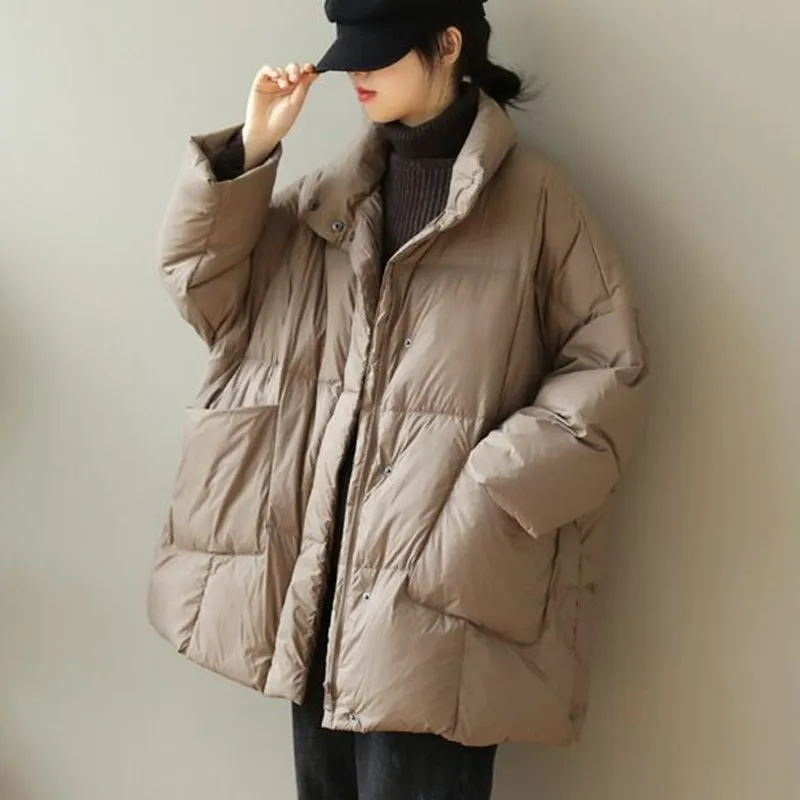 

Women Light Down Jacket Over Size White Duck Down Coat Loose Warm Autumn Winter Casual Three Quarter Sleeve Outwear