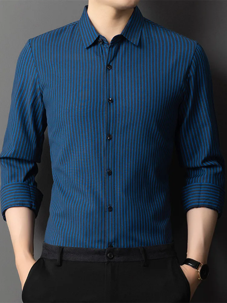 

Men's Spring and Autumn New Casual Slim Fit Stitching Striped Long Sleeve Shirt Lapel Stretch Large Size M-4XL Shirt for Men