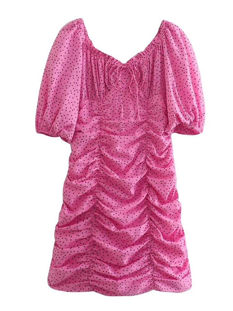 

YENKYE 2022 Women Vintage Polka Dot Hot Pink Draped Mini Dress Vintage Puff Sleeve Ladies Summer Dress Short Vestido