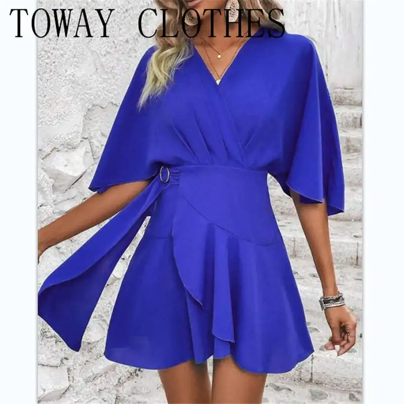 

Elegant Dresses for Women V-Neck Bell Sleeve Sexy Ruffle Hem Mini Dress New Fashion 2023 Summer Casual Female Clothing Outfits