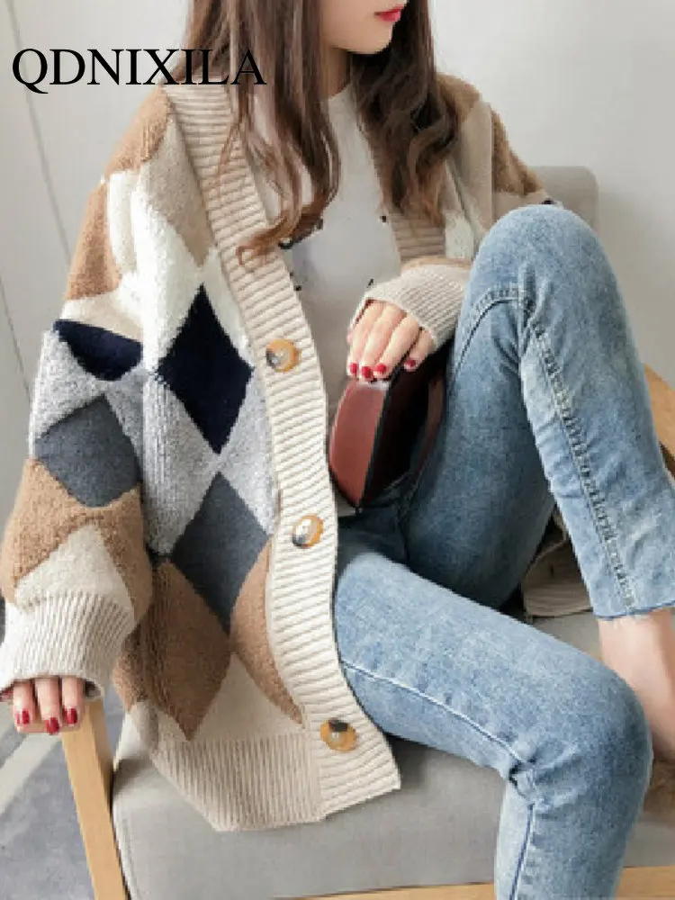 

Женский клетчатый кардиган с пуговицами на рукавах, зимний жакет оверсайз в Корейском стиле с длинными рукавами, 2022