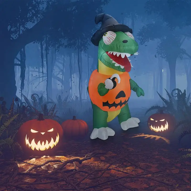 

Halloween Inflatable Dinosaur Decorations Outdoor Colorful Dinosaur With Pumpkin Witch Hat Yard Decorations With Built-in LEDs
