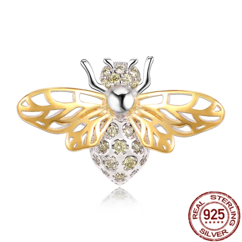 

100% 925 silver color Charms lnlaid With Zircon Gold-Winged Bumblebee, Suitable For Original 3mm Bracelet DIY Accessories