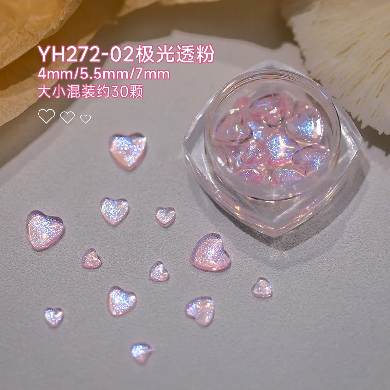 

30pcs Symphony Heart Nail Rhinestone 7/5/4mm Aurora Glitter Heart Nail Art Decoration 3D Resin Love- Heart Manicure Accessories*