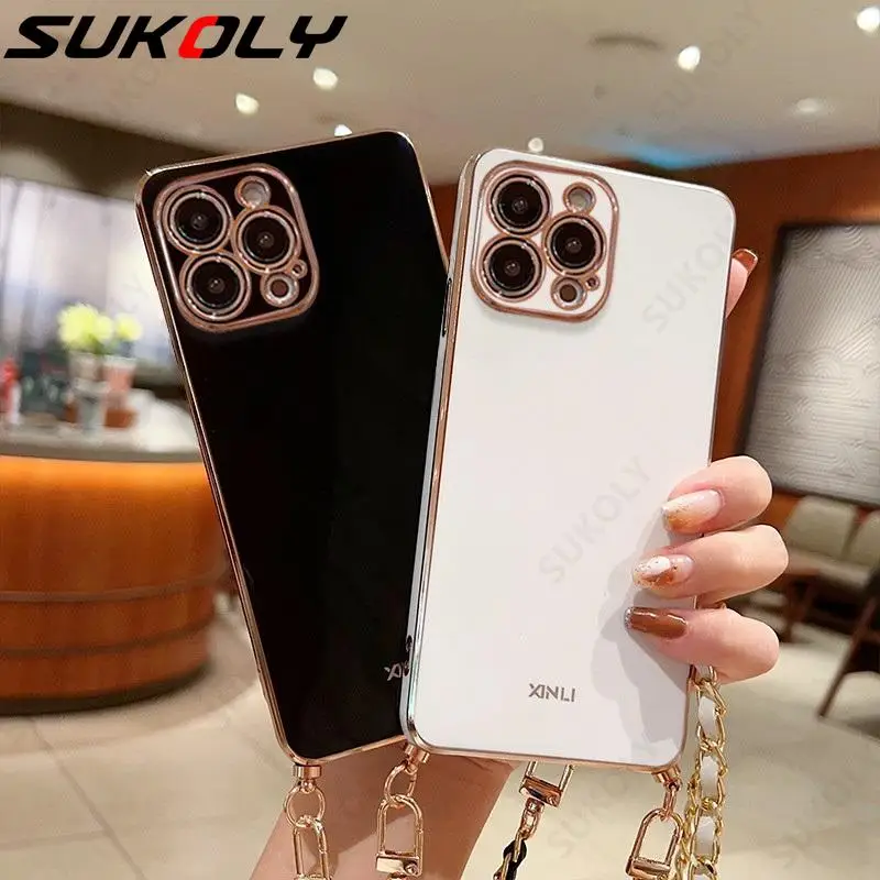 Силиконовый противоударный чехол с металлической цепочкой для iPhone 14 Pro Max 13 12 11 XS Max XR X 8 7 Plus SE 2022