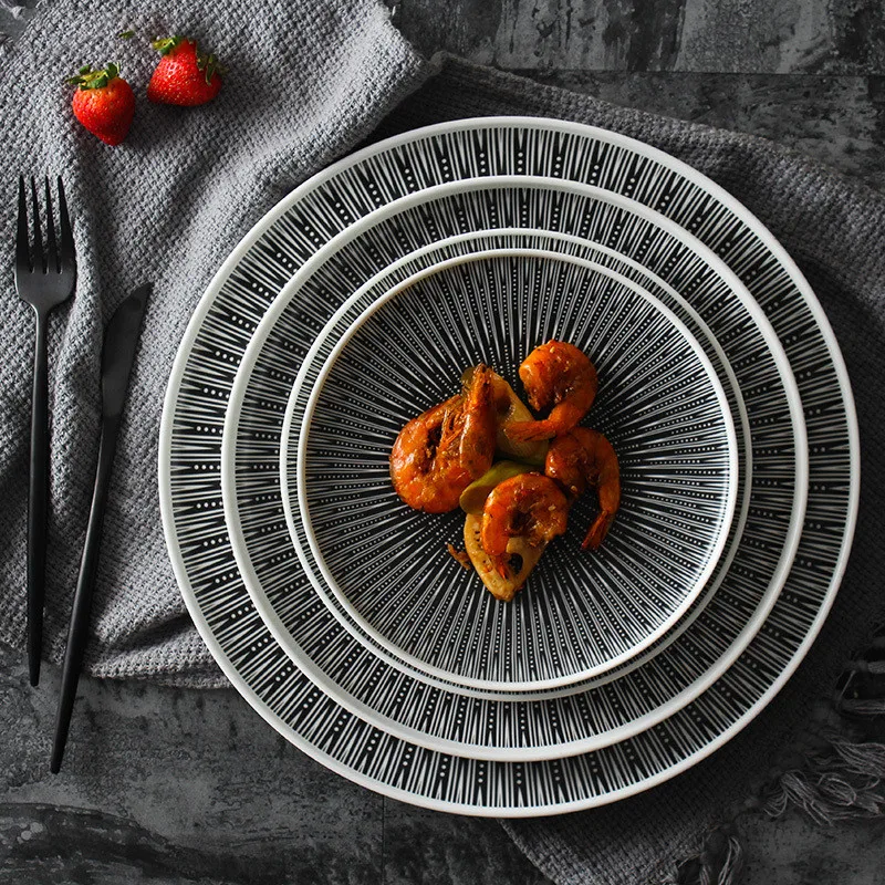 Керамическая посуда в полоску матовая черно-белая креативная для дома ресторана