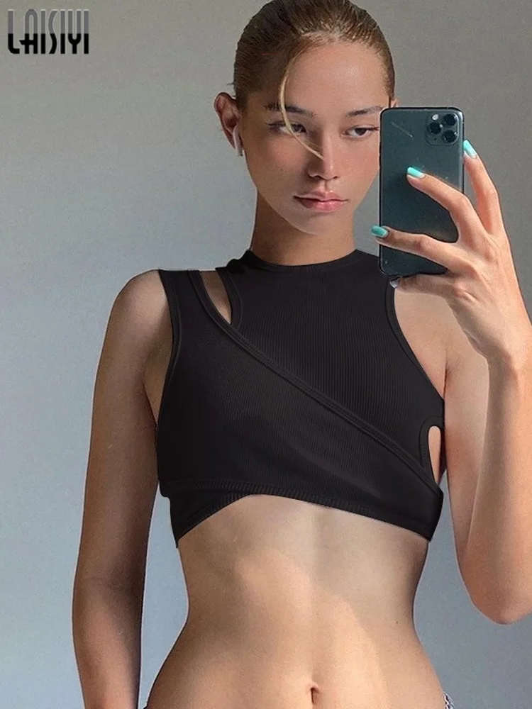 

Female Halter Tops Fashion Irregular Cut Out Patchwork Gym Sport Streetwear Crop Top Sexy Summer Casual T-shirts Green Tops 2022