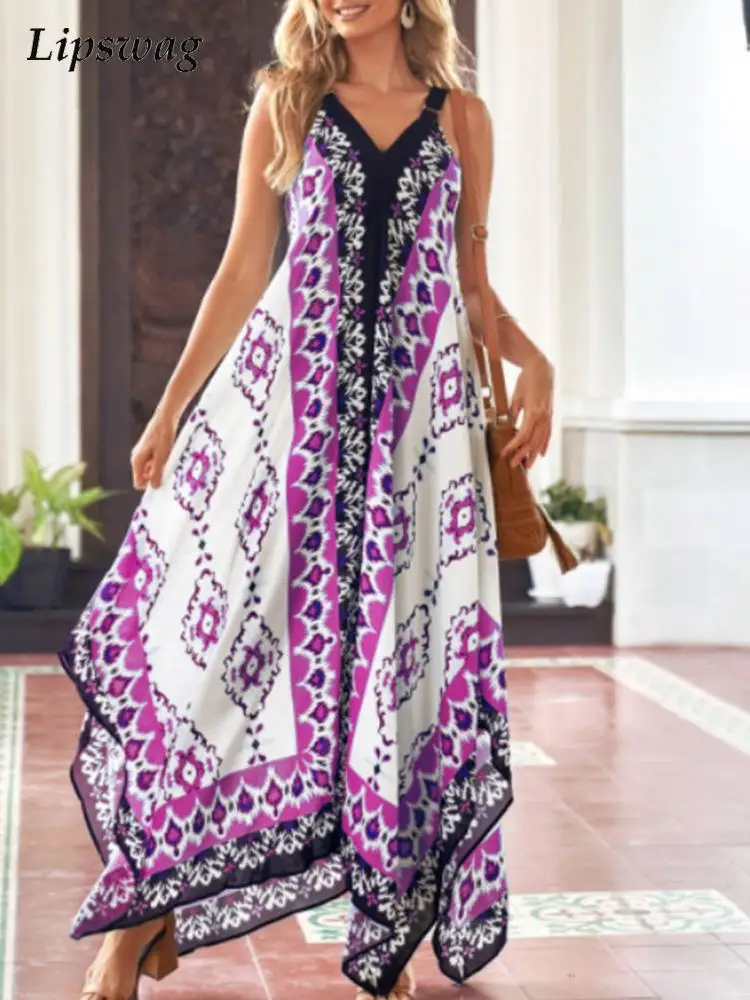 

Vintage Printed Loose V Neck Long Dress Summer Elegant Women Sleeveless Boho Maxi Dresses Beach Holiday Female Casual Dress 2022