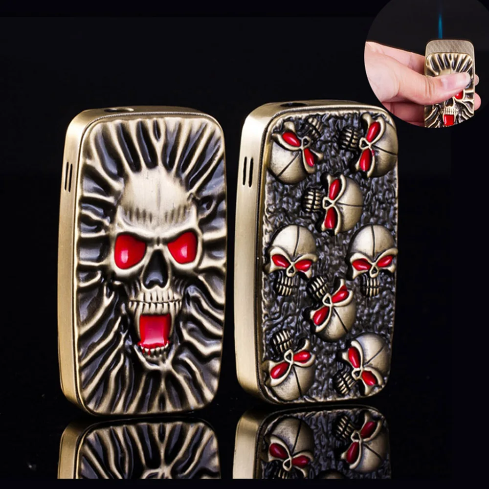

Creative Skull Head Metal Straight Flame Jet Lighters Windproof Butane Gas Lighter Cigarette Accessories Gift For Men
