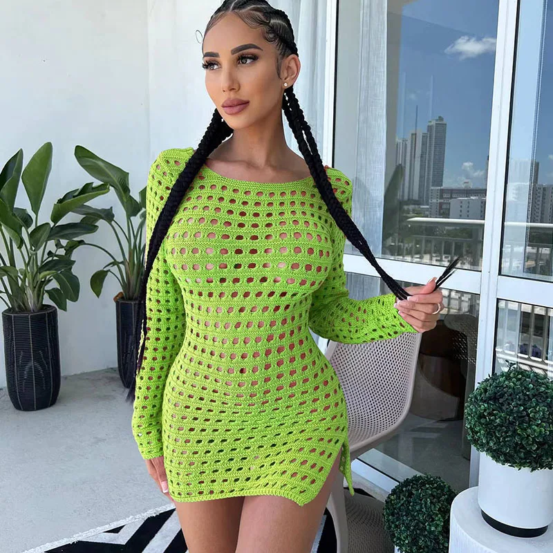

Sexy Backless Beach Dress Women Vacation Long Sleeve Round Neck Hollow Out Crochet Bodycon Mini Dress Cover Up Club Summer Dress
