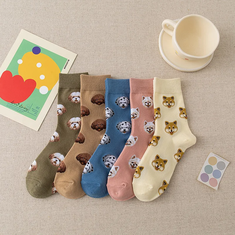 5 Pairs High Quality Harajuku Korean Kawaii Cute Women Cotton Socks Cartoon Animal Dog Girl Casual Socks