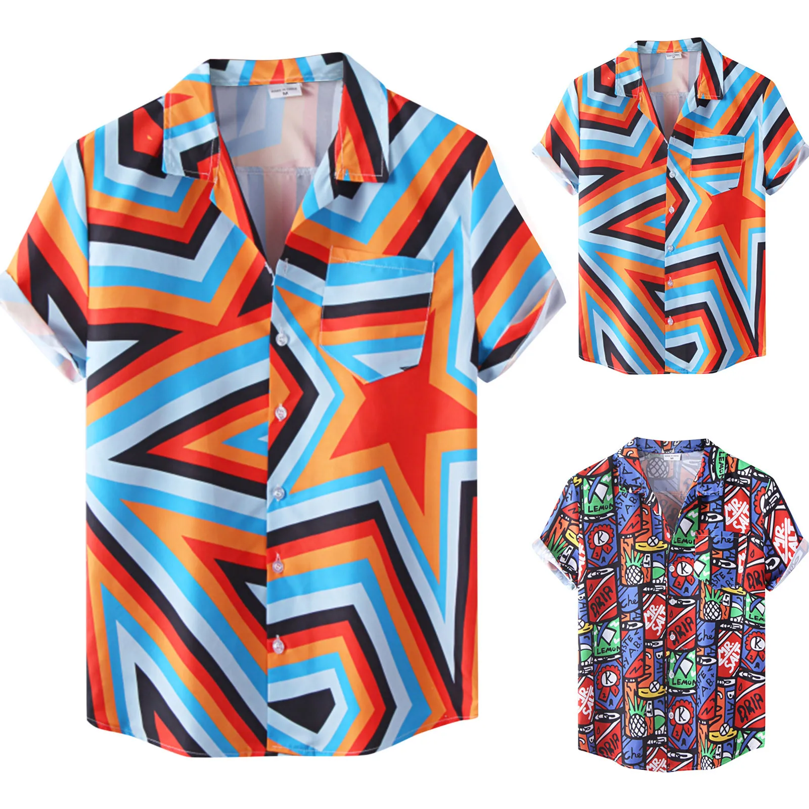 

Men's Spring Fashion Top Shirt Printed Turndown Collar Top Casual Button Short-Sleeved Special Loose Shirts Elegant Flower
