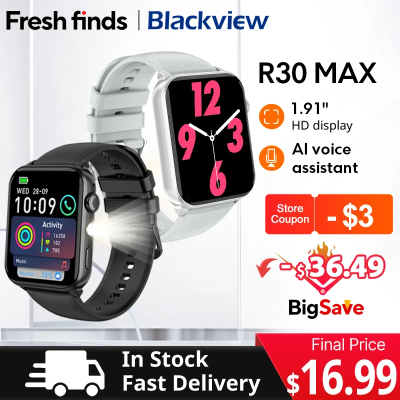 Фото 【Мировая премьера】Умные часы Blackview R30 Max 1,91 дюйма, Bluetooth-фонарик для телефонных звонков, 350 мАч, спортивные часы Al Voice Assistant №1
