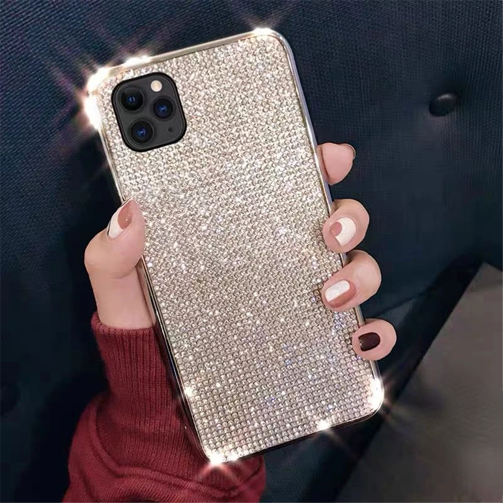 

Free Shipping For iPhone 11 12 13 Pro Max Mini XS XR X 6S 7 8 Plus SE Shiny Diamond Soft Silicone Cover Glitter Rhinestones Pho