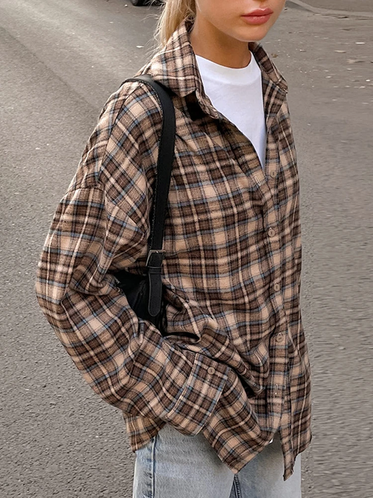 Винтажная клетчатая рубашка женская блузка с длинным рукавом топ модная