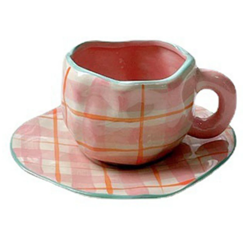 Нордическая розовая клетчатая керамическая кофейная чашка в комплекте