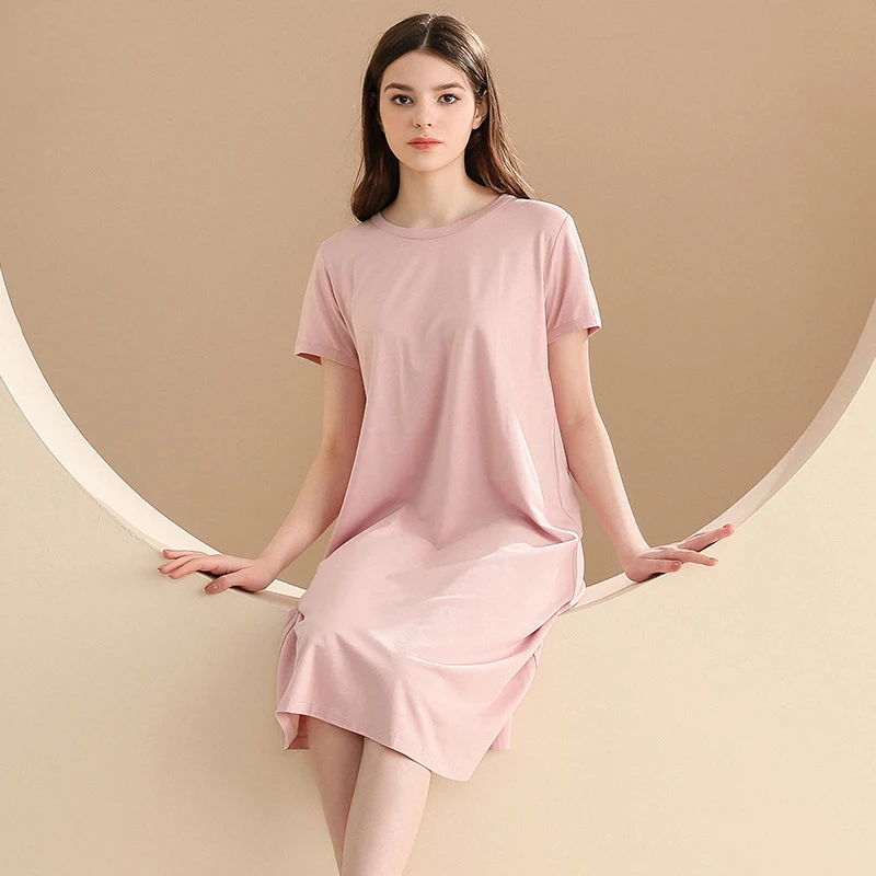 

Summer Sleepshirt Women Solid Color Nightgown Soft Cotton Nightdress Female Simple Short Sleeve o-Neck Sleeping Dress