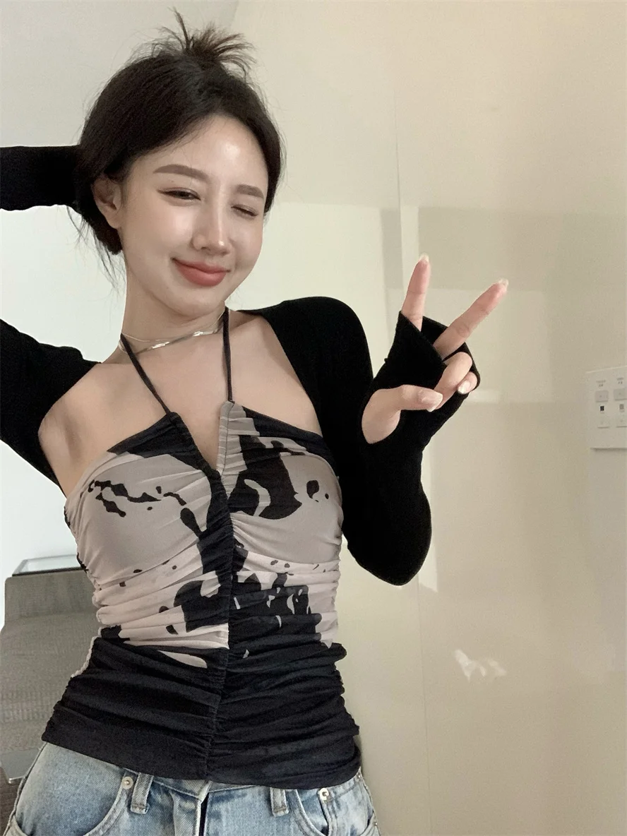 Женская футболка из двух предметов черная на шнуровке и накидка Винтажная в