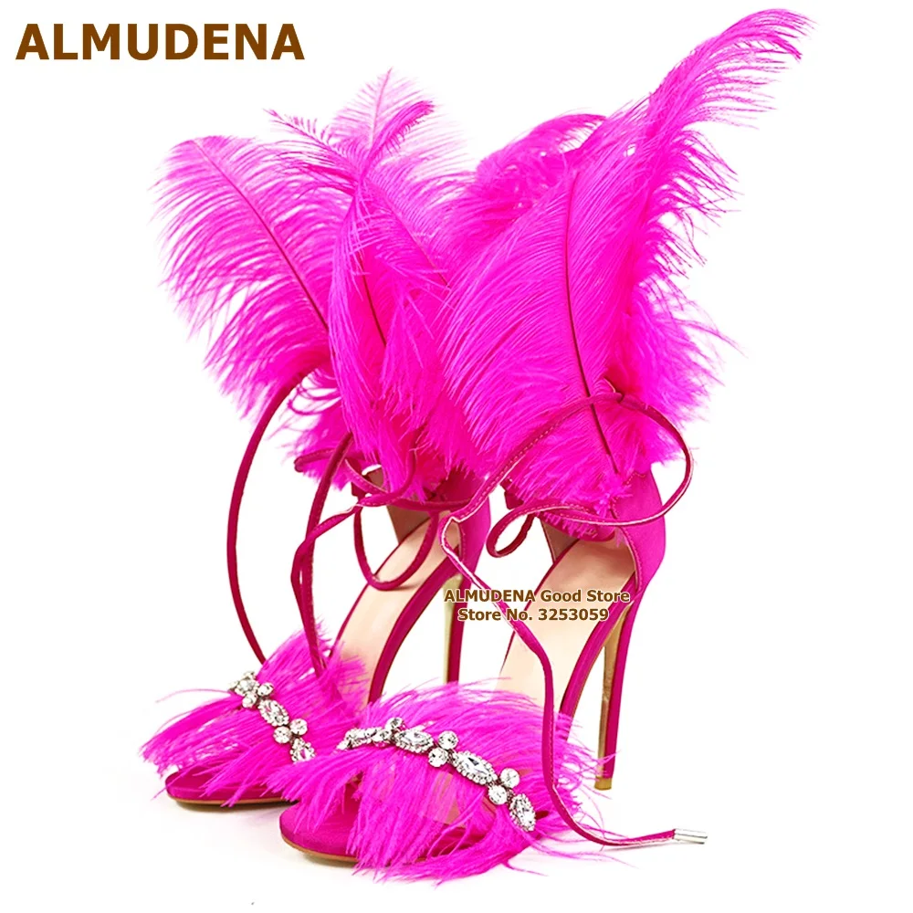 

Босоножки ALMUDENA с кристаллами и розовыми синими перьями, пушистые летние туфли с бахромой, украшенные блестками, стразы на шнуровке