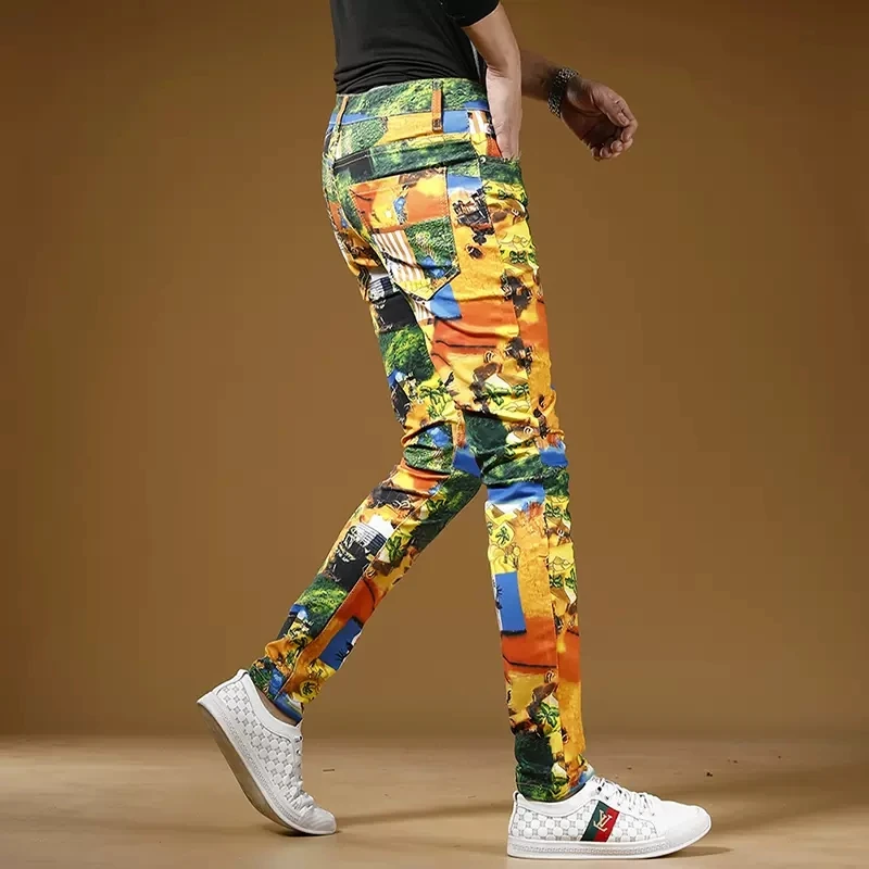Men Digital Printing Jeans Mens Casual Pants Ancient Desert City Printed Cotton Slim Fit Straight Denim Trousers
