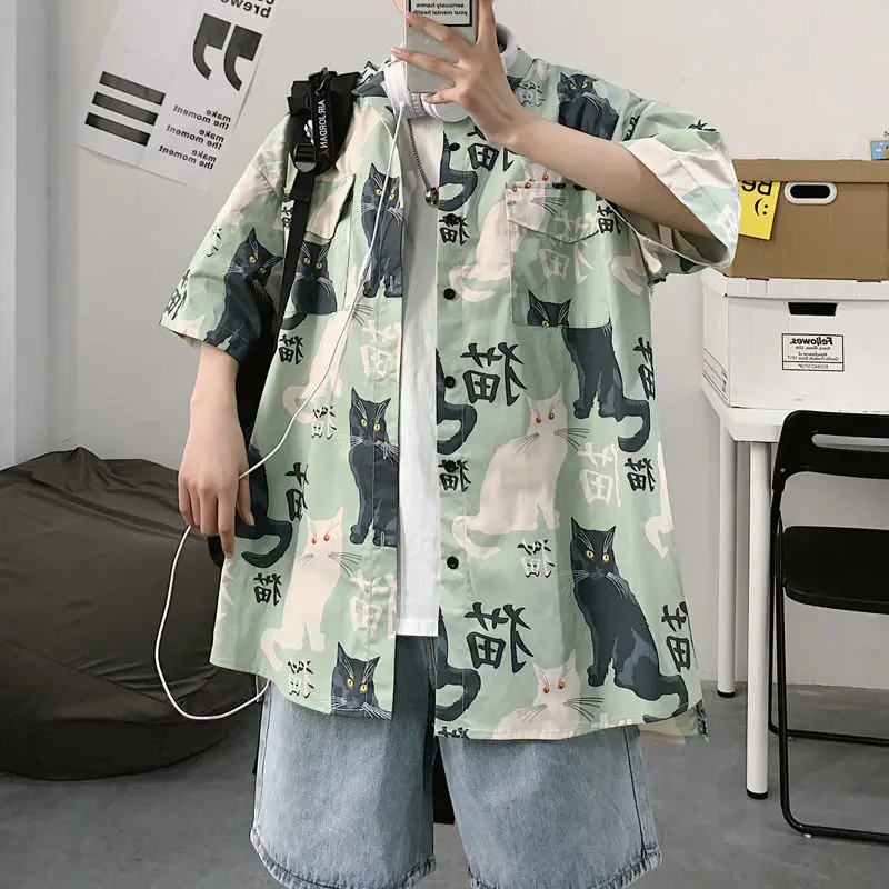 

Summer Japanese Short Sleeve Shirt Men Half Sleeve Inch Shirt Trend Cat Print Student Loose Casual Shirt Trend Half Sleeve Shirt