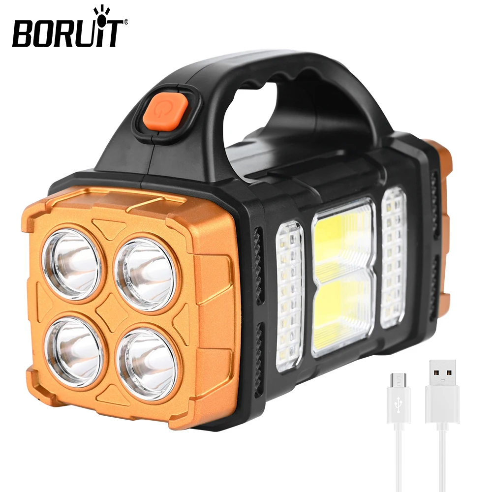 BORUiT LED Camping Light Solar Glare Flashlight 4 Light Modes USB Rechargeable Light With Power Bank Emergency Charging Lighting