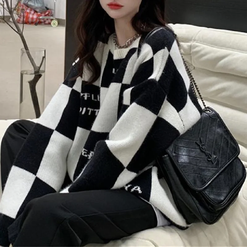 Женский клетчатый свитер с длинным рукавом в Корейском стиле
