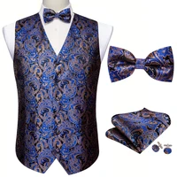 fashion blue floral silk vest waistcoat men suit vest butterfly handkerchief cufflinks bowtie vest barry wang business design